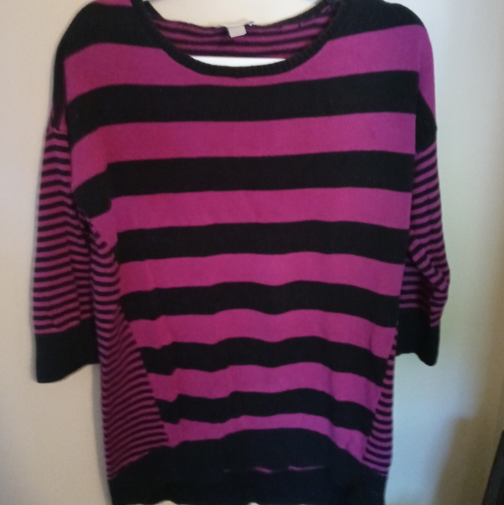 LOFT large striped pattern purple three quarter sleeve sweater